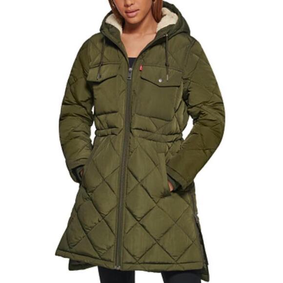Levi's Olive Quilted Anorak Parka Hood is Fleece Lined Large Winter Insulated - Picture 1 of 10